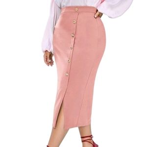 Pink High Waist Skirt with Buttons